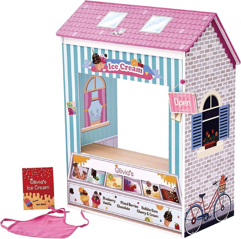 Wooden dollhouse for 18-inch dolls showing the cupcake shop scene with awning and accessories