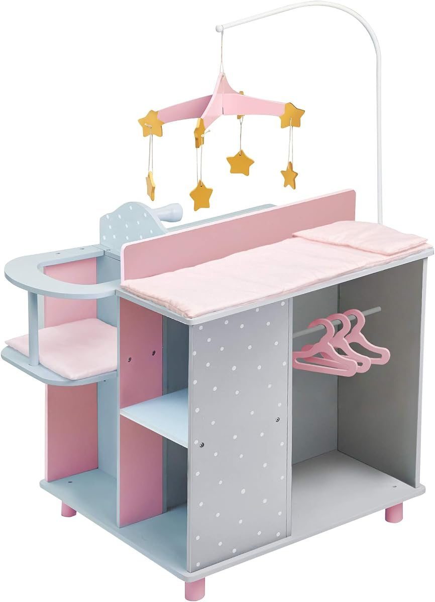 Gray polka dot wooden baby doll changing station with high chair, sink, closet and mobile
