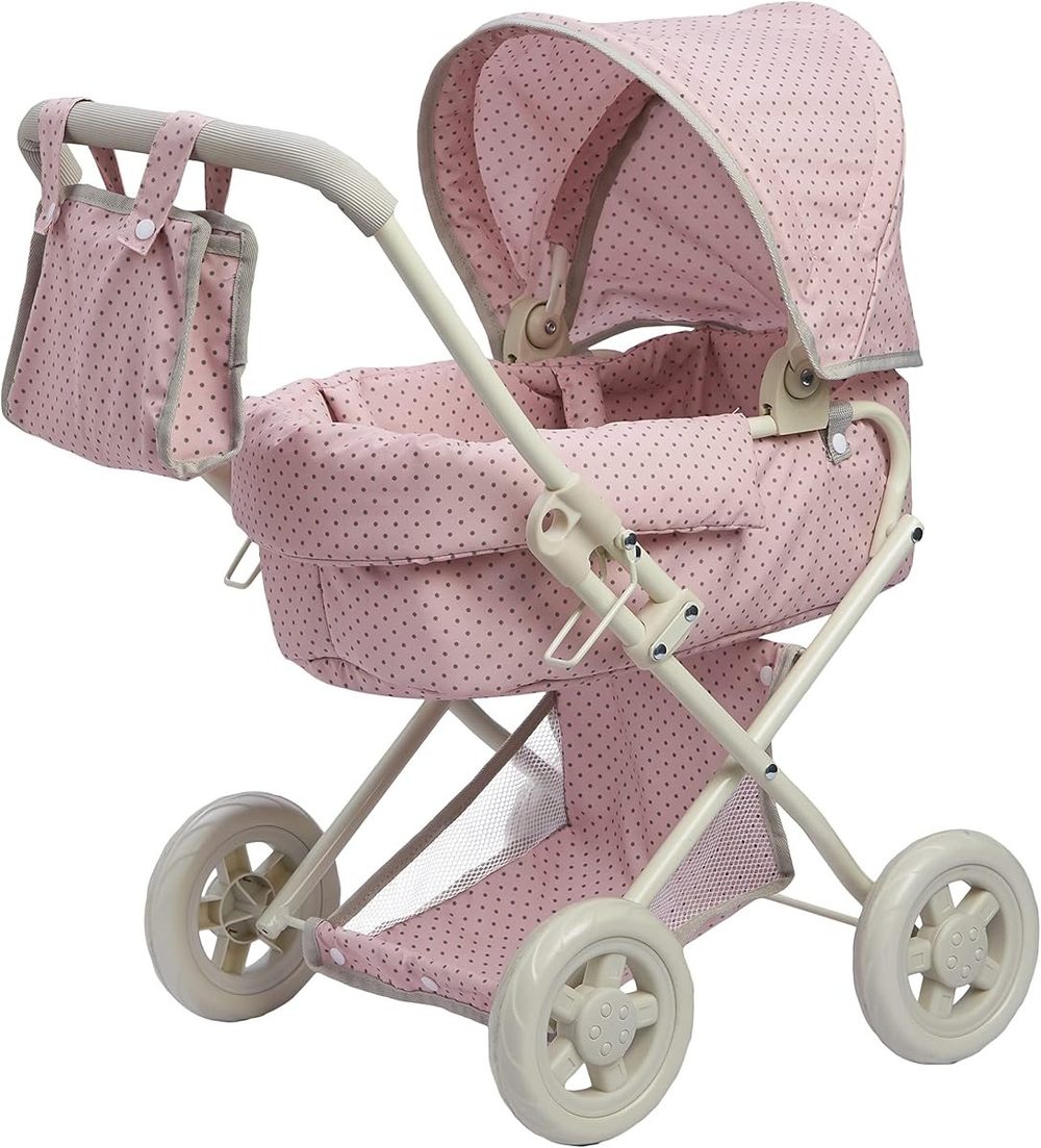 Pink and gray polka dot baby doll pram stroller with a lift-out bassinet and nursery bag